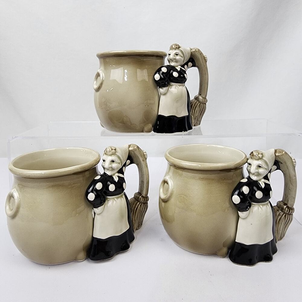 3 Fitz & Floyd Standing Witch Polka Dot Dress & Cauldron Mug Witches Brew - 1979